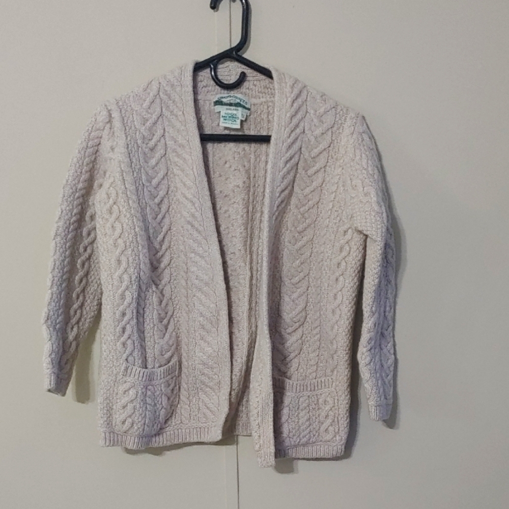 Vintage Aran Crafts Cardigan Pastel Pink Cable Knit Wool Sweater Size S